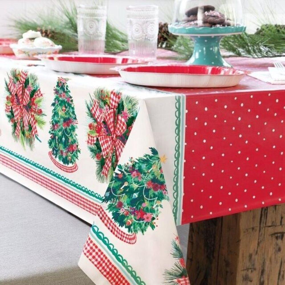 2 The Pioneer Woman Christmas Tree Plastic Table Covers 54x108 Red Dot & Gingham - Picture 2 of 11